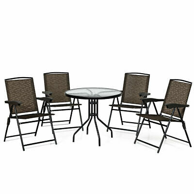 5PC Bistro Outdoor Patio Furniture Set Glass Table W/4 Folding Adjustable Chairs