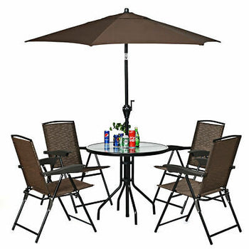 6PCS Patio Garden Furniture Set 4 Folding Chair Round Table Crank Tilt Umbrella