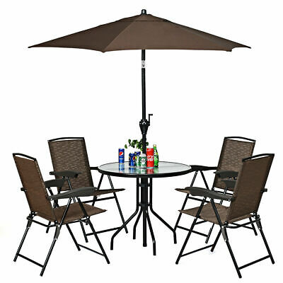 6PCS Patio Garden Furniture Set 4 Folding Chair Round Table Crank Tilt Umbrella