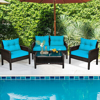 8PCS Patio Rattan Furniture Set Loveseat Sofa Coffee Table W/Turquoise Cushion