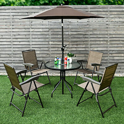 6PCS Patio Garden Furniture Set 4 Folding Chair Round Table Crank Tilt Umbrella