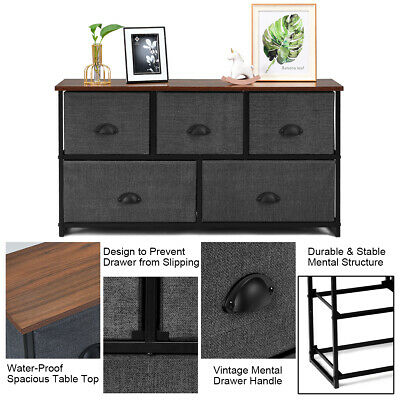 5 Drawers Dresser Storage Unit Side Table Display Organizer Dorm Room Wood Black