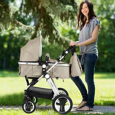 Folding Aluminum Infant Baby Stroller Kids Carriage Pushchair w Diaper Bag Khaki