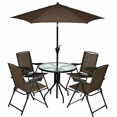 6PCS Patio Garden Furniture Set 4 Folding Chair Round Table Crank Tilt Umbrella