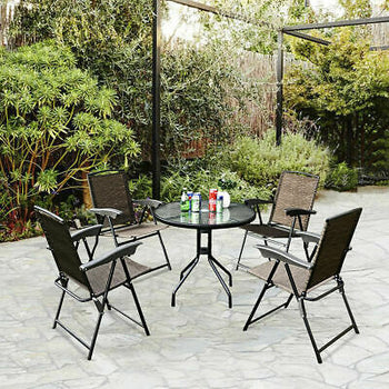 5PC Bistro Outdoor Patio Furniture Set Glass Table W/4 Folding Adjustable Chairs