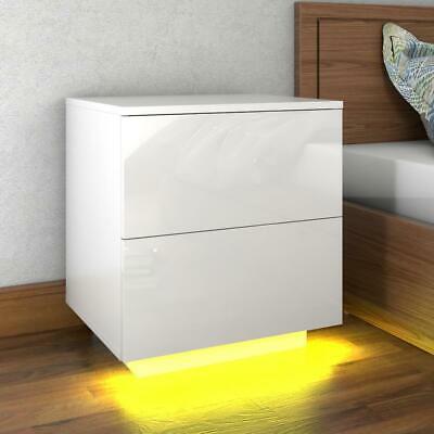 2Drawer High Gloss Nightstand w/LED RGB Light Modern Bedside Table Bedroom White