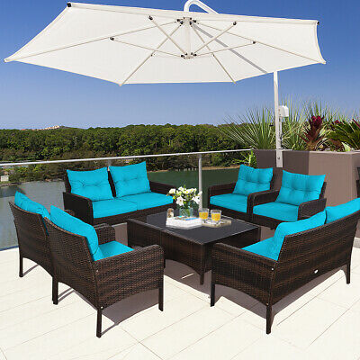 8PCS Patio Rattan Furniture Set Loveseat Sofa Coffee Table W/Turquoise Cushion