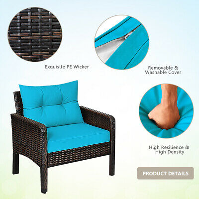 8PCS Patio Rattan Furniture Set Loveseat Sofa Coffee Table W/Turquoise Cushion