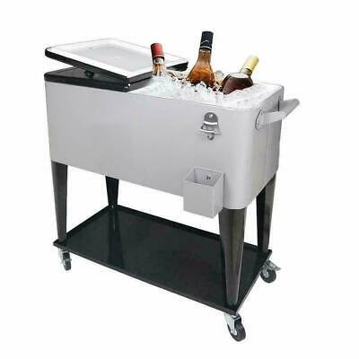 80 Quart Rolling Ice Chest on Wheels Patio Party Bar Drink Cooler Cart /w Shelf