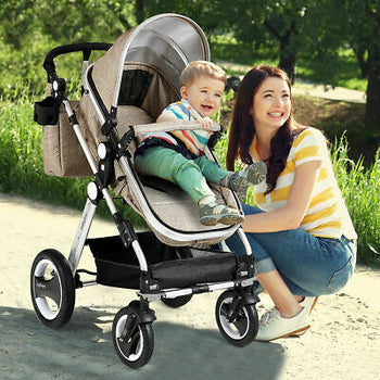 Folding Aluminum Infant Baby Stroller Kids Carriage Pushchair w Diaper Bag Khaki