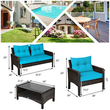 8PCS Patio Rattan Furniture Set Loveseat Sofa Coffee Table W/Turquoise Cushion