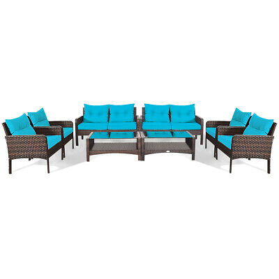 8PCS Patio Rattan Furniture Set Loveseat Sofa Coffee Table W/Turquoise Cushion