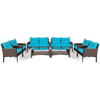 8PCS Patio Rattan Furniture Set Loveseat Sofa Coffee Table W/Turquoise Cushion