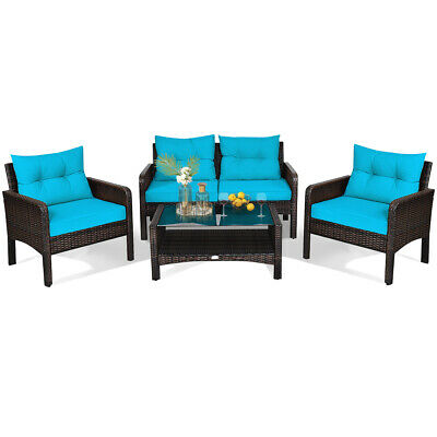 8PCS Patio Rattan Furniture Set Loveseat Sofa Coffee Table W/Turquoise Cushion