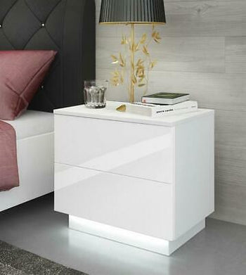 2Drawer High Gloss Nightstand w/LED RGB Light Modern Bedside Table Bedroom White