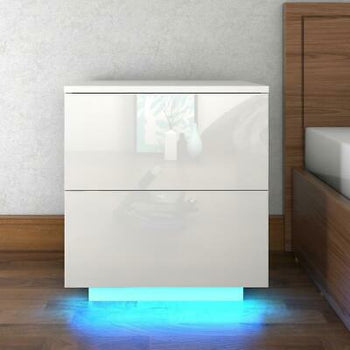 2Drawer High Gloss Nightstand w/LED RGB Light Modern Bedside Table Bedroom White