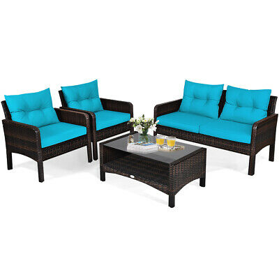 8PCS Patio Rattan Furniture Set Loveseat Sofa Coffee Table W/Turquoise Cushion