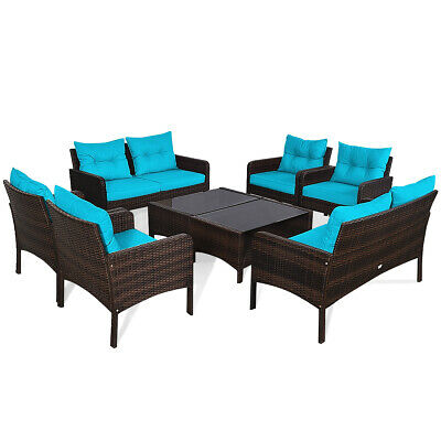 8PCS Patio Rattan Furniture Set Loveseat Sofa Coffee Table W/Turquoise Cushion