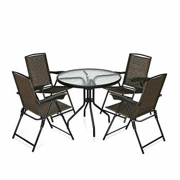5PC Bistro Outdoor Patio Furniture Set Glass Table W/4 Folding Adjustable Chairs