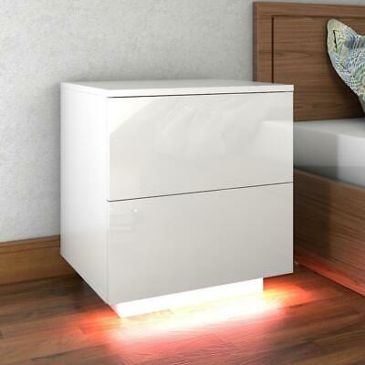 2Drawer High Gloss Nightstand w/LED RGB Light Modern Bedside Table Bedroom White