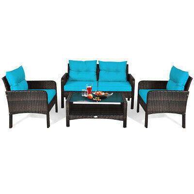 8PCS Patio Rattan Furniture Set Loveseat Sofa Coffee Table W/Turquoise Cushion