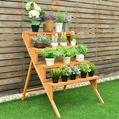 4 Tier Wood Plant Stand Flower Pot Holder Display Shelves Rack Stand Ladder Step